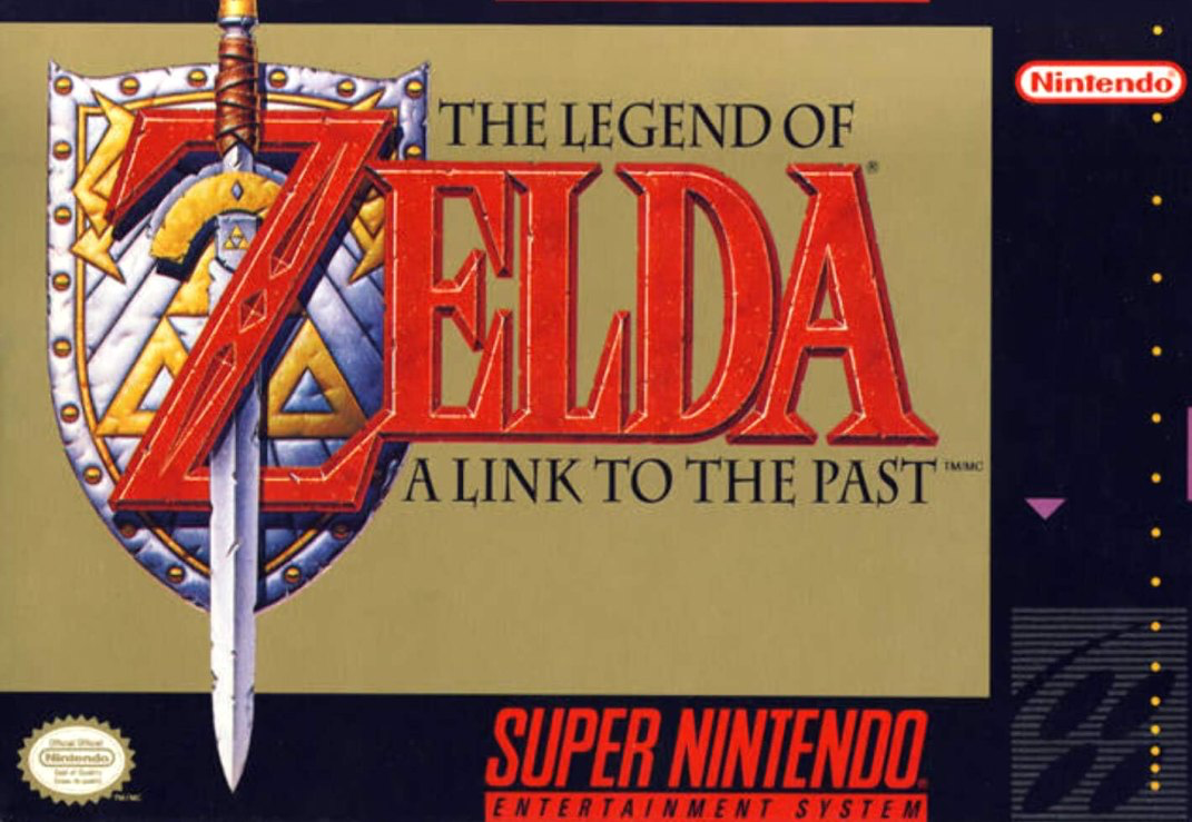 A Link to the Past SNES cartridge and box art displayed on a shelf